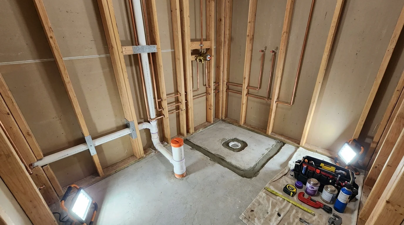 Bathroom rough-in plumbing during remodel by Johns Plumbing LLC in Katy