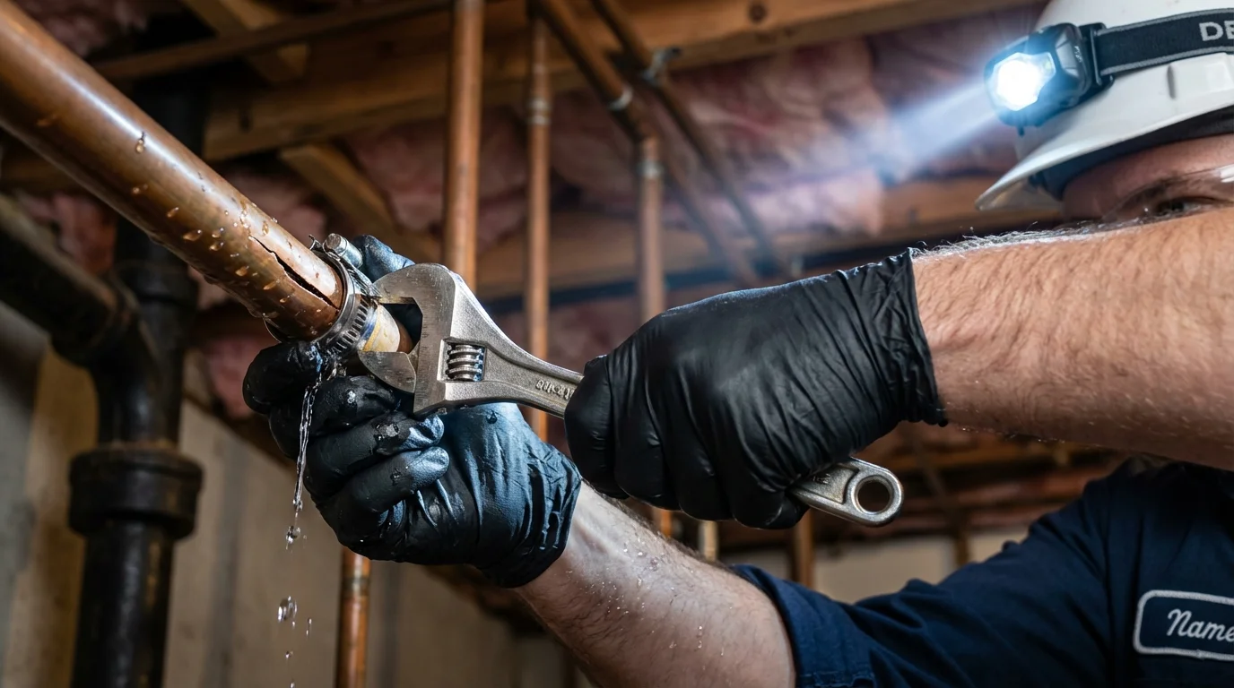 Emergency pipe clamp repair being performed by a Johns Plumbing LLC plumber in Katy
