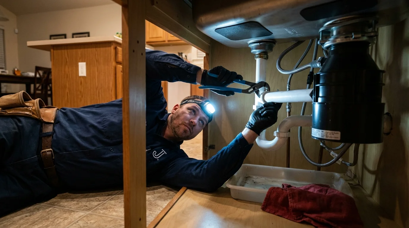 P-trap and supply line connections under a kitchen sink showing a common leak point in Katy, TX